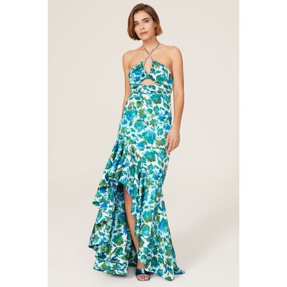 AMUR Edie High Low Tie Neck Halter Gown